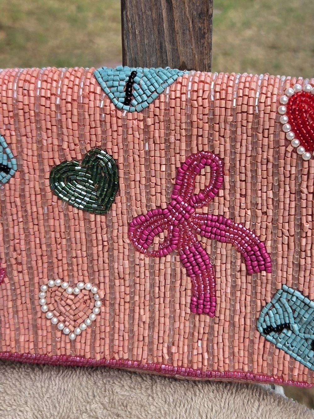Beaded Pink Bow Accent Women's Clutch